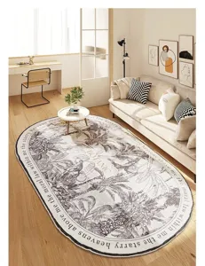 Alfombra ovalada botánica nórdica moderna sala de estar dormitorio vista detallada