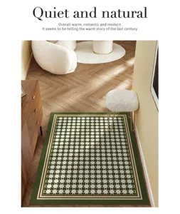 Detail shot of geometric patterned home entrance floor mat in modern interior hallway setup.
