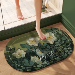 Absorbent Diatomite Bath Mat Non Slip Soft Floor Mat Vintage Oil Painting Floral Pattern Bathroom Rug Home Decor