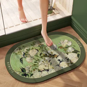 Nordic oval absorbent bath mat with oil painting floral art, anti-slip soft floor rug for home.