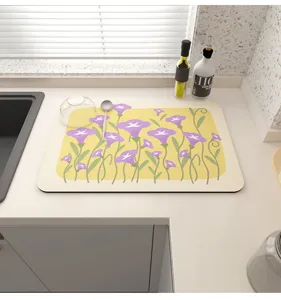 Kitchen absorbent draining mat, technical cloth table mat with purple floral design, anti-slip.