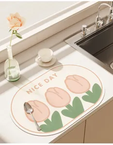 Kitchen absorbent drying mat detail, modern minimalist tulip print tech cloth table pad.