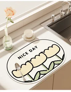 Modern minimalist kitchen absorbent drain mat detail with cute tulip pattern and text.