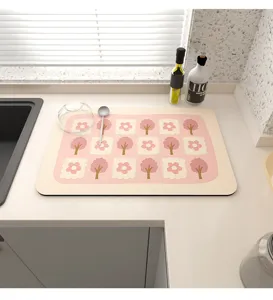 Kitchen absorbent draining mat with fresh floral pattern for drying cups and dishes