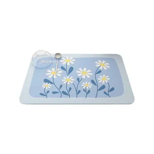 Absorbent table mat kitchen dish drying pad floral design blue table protector mat