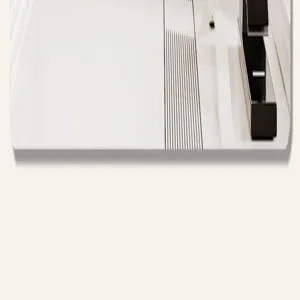Modern minimalist floor mat detail close-up, premium wipe-clean non-slip surface, white and black.