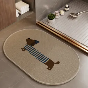 Oval anti-slip bath mat with cute cartoon dachshund design for kitchen and bathroom.