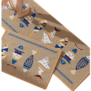 Tapis de cuisine en lin antidérapant absorbant lot de 2 avec motif de poisson.