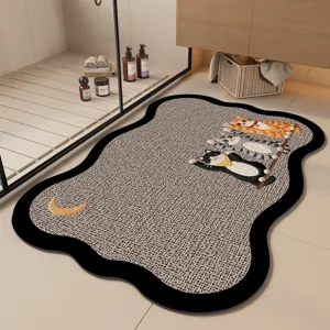 Cartoon cute cat bathroom floor mat, absorbent non-slip diatom mud rug for home doorway.