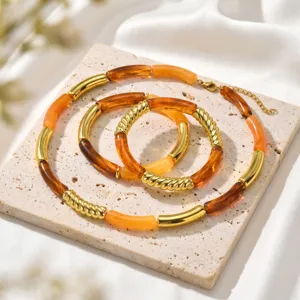 Elegante conjunto de collar y pulsera de resina ámbar Maillard y tubo de metal dorado moda