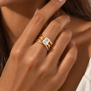 Gold stainless steel multi-band radiant white zircon ring stylish stackable women jewelry