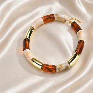 Primer plano detallado del collar hecho de resina ámbar y tubos de metal dorado.
