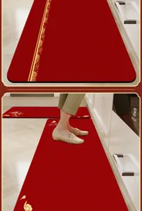 Red kitchen floor mat with golden border, non-slip absorbent washable rug for home decor.