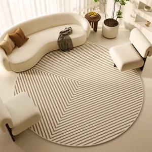 Retro French style round rug for living room bedroom, elegant striped circle carpet decor.