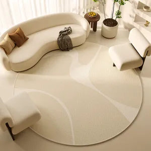 Detailed view of vintage French circular rug featuring abstract line design in cozy living room.