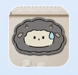 Cute cartoon sheep shaped diatomaceous earth bath mat detail, highly absorbent and non-slip.