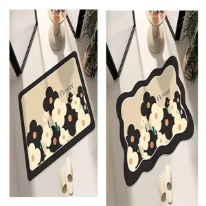 Close-up details of modern floral non-slip bathroom floor mat with chic flower pattern.