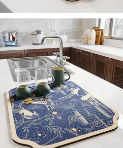 Vue détaillée du tapis d'égouttoir de cuisine style chinois, tapis absorbant table.