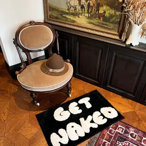 Nordic INS style tufted absorbent floor mat, black and white letter bath mat for bedroom and bathroom.