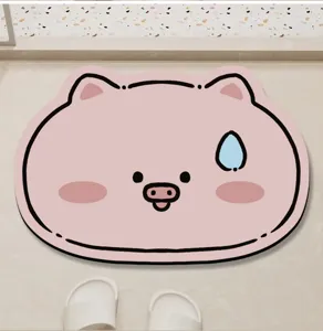 Cute cartoon pink pig shaped absorbent non-slip floor mat detail for bathroom and entrance.