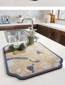 Tapis d'égouttage de comptoir de cuisine de style chinois, tapis absorbant avec de beaux oiseaux.