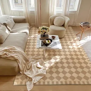 American retro checkerboard cashmere-like living room rug, large non-slip home decor floor mat