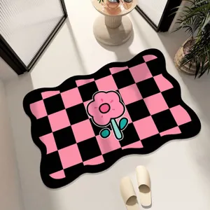Pink and black checkerboard bath mat with cute flower pattern non-slip floor rug for home