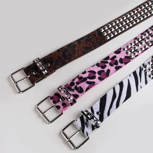 Women Faux Pony Hair Leopard Zebra Print Belt Punk Square Rivet Waistband Y2K Fashion Spice Girl Decorative Alloy Pin Buckle Belt