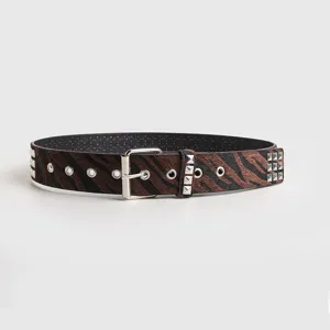 Women fashion zebra print belt with metal buckle square studs trendy hair-on leather waist