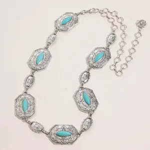 Chaîne de taille en métal turquoise sculpté bohème, détails de ceinture vintage argentée.