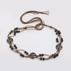 Bohemian woven waist belt for women, ethnic handmade wooden beads casual summer vacation rope.