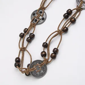 Bohemian woven waist belt with wooden beads and metal rings for women casual summer rope