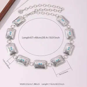 Chaîne de taille en métal argenté style bohème pour femme bijoux turquoise 115cm
