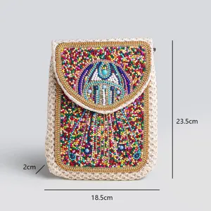 Bohemian beaded straw phone bag casual ethnic crossbody bag holiday small purse