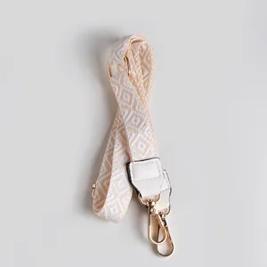 Bohemian woven replacement bag strap with geometric pattern and gold hardware for crossbody bags.