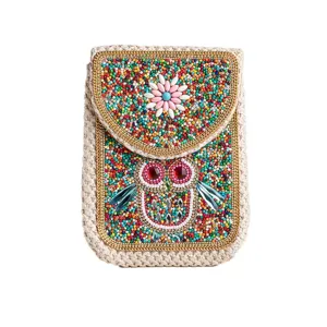 Bohemian beaded straw woven phone bag ethnic messenger bag colorful handmade mini crossbody bag