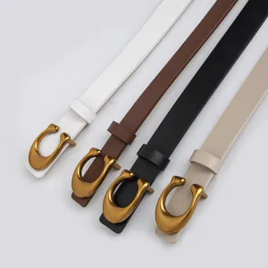 Vue de détail rapprochée de la ceinture fine pour femme élégante avec boucle C classique.