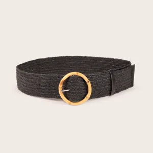 Black woven raffia straw belt detail with round resin buckle, versatile women fashion accessory.
