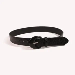 Women black crocodile pattern faux leather belt with statement round buckle detail.