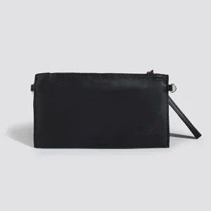 Detailed view of a black PU leather women clutch bag with metal zipper and wrist strap
