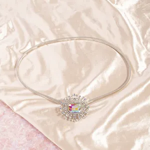 Metallic spring waist chain detail featuring a dazzling rhinestone crystal decorative buckle