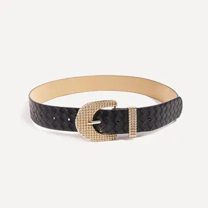 Women black woven leather wide belt fashion stylish casual retro designer belt for dress