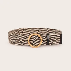 Women bohemian woven belt with round bamboo buckle stylish raffia waist accessory