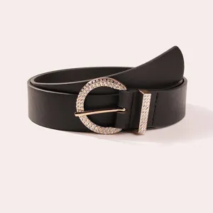 Women's black leather belt featuring a sparkling rhinestone round buckle, stylish accessory.