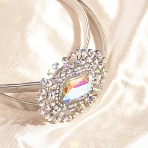 Exquisite rhinestone women waist chain adjustable metal spring belt elegant dress accessory