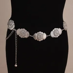 Vintage silver metal waist chain for women western style carved concho belt body jewelry