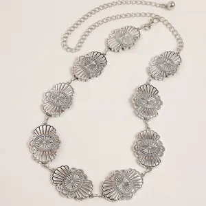 Vintage silver metal waist chain, western concho floral plaque decorative belt for women.