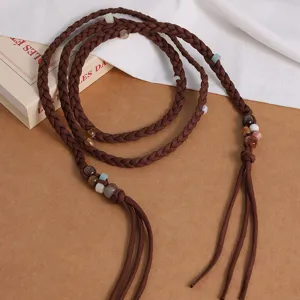 Bohemian Ethnic Woven Cotton Waist Belt Women Tassels Beads Braided Waist Rope Vacation Dress Decorative Belt