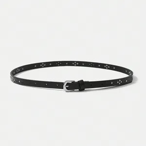 Close-up of black faux leather women's belt featuring silver buckle and stud details.