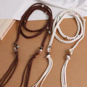 Bohemian braided waist rope with colorful beads cotton tassel belt for women resort wear